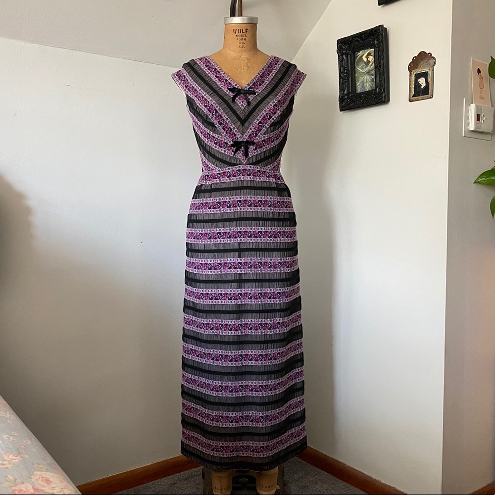 vintage 70s black chiffon wiggle dress w/ flowers